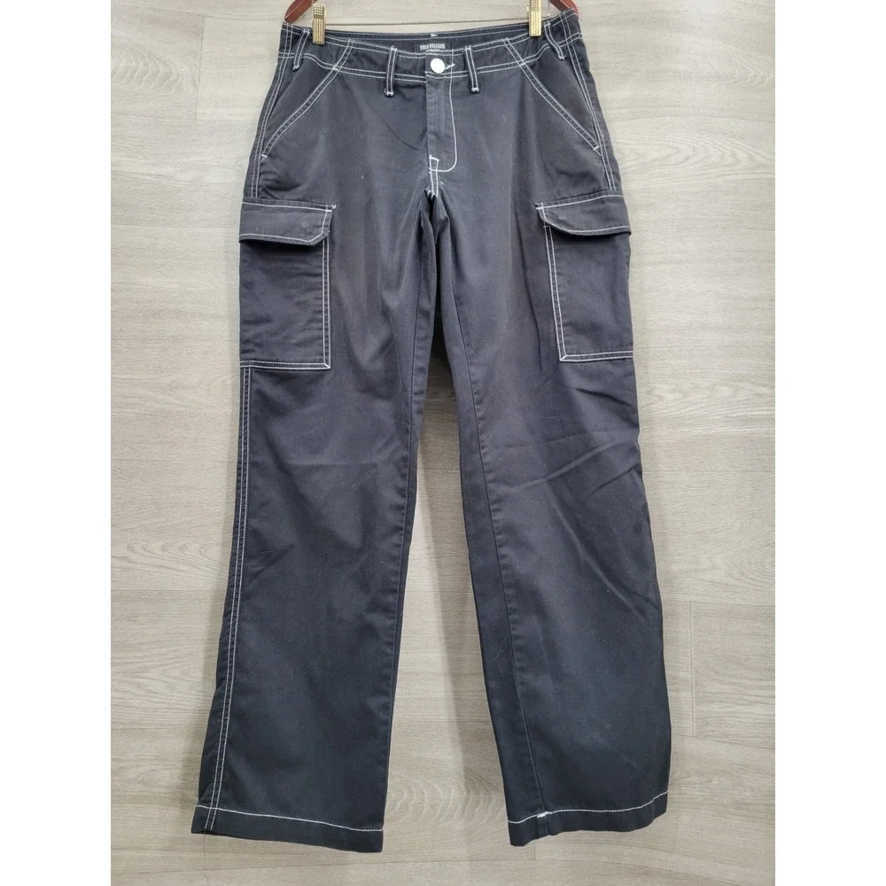 True Religion Cargo Pants Men's Size 32 Black White Stitch Baggy Utility Pockets